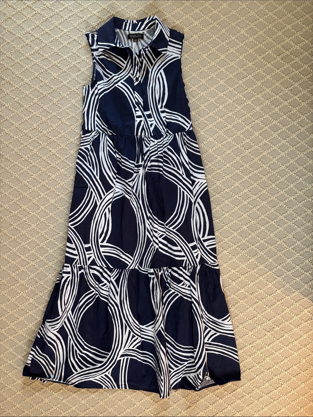 Rachel Zoe Navy and White Sleeveless Collared Maxi Dress